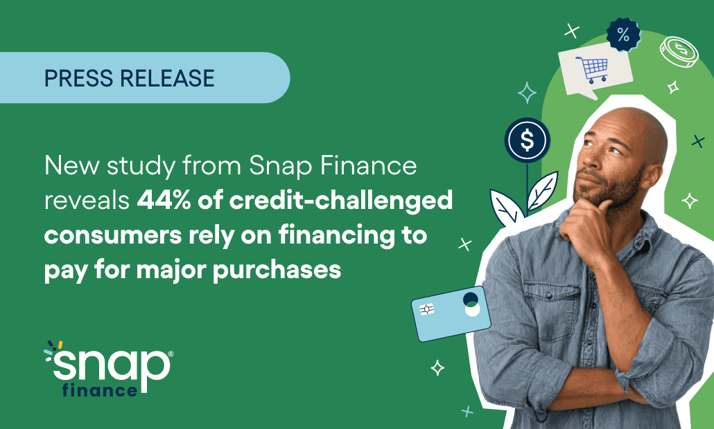 Press release highlights a Snap Finance study showing 44% of credit-challenged consumers rely on financing for major purchases, with icons and a thoughtful person.