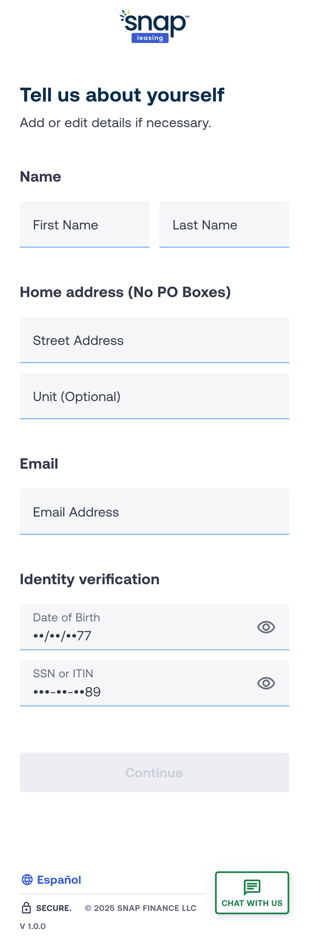 A form page asking users to enter personal and identity information including name, address, email, date of birth, and SSN or ITIN.