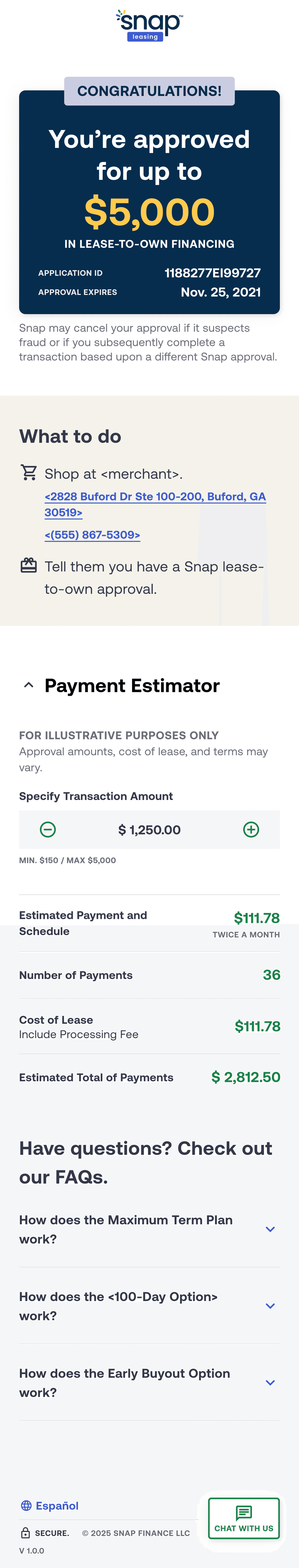 An approval confirmation screen stating the user is approved for up to $5,000 in lease-to-own financing, with a payment estimator showing $111.78 twice a month for 36 payments.