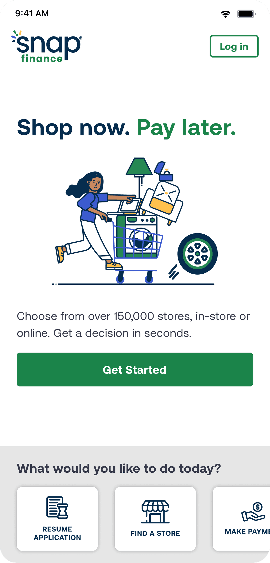 A home screen with the tagline "Shop now. Pay later." and options to get started, resume application, find a store, or make a payment.