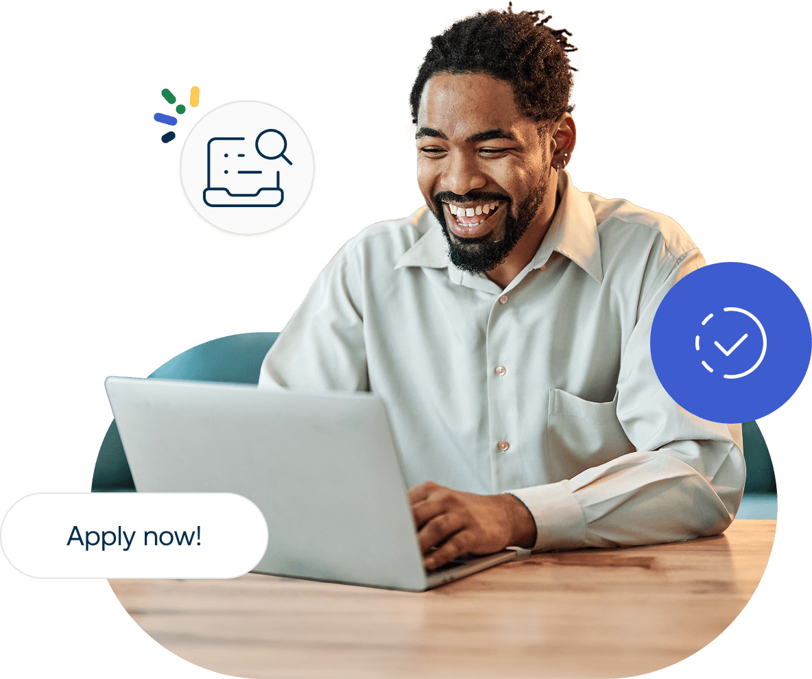 Man smiling while using a laptop, surrounded by icons indicating job search and application with the text "Apply now!"