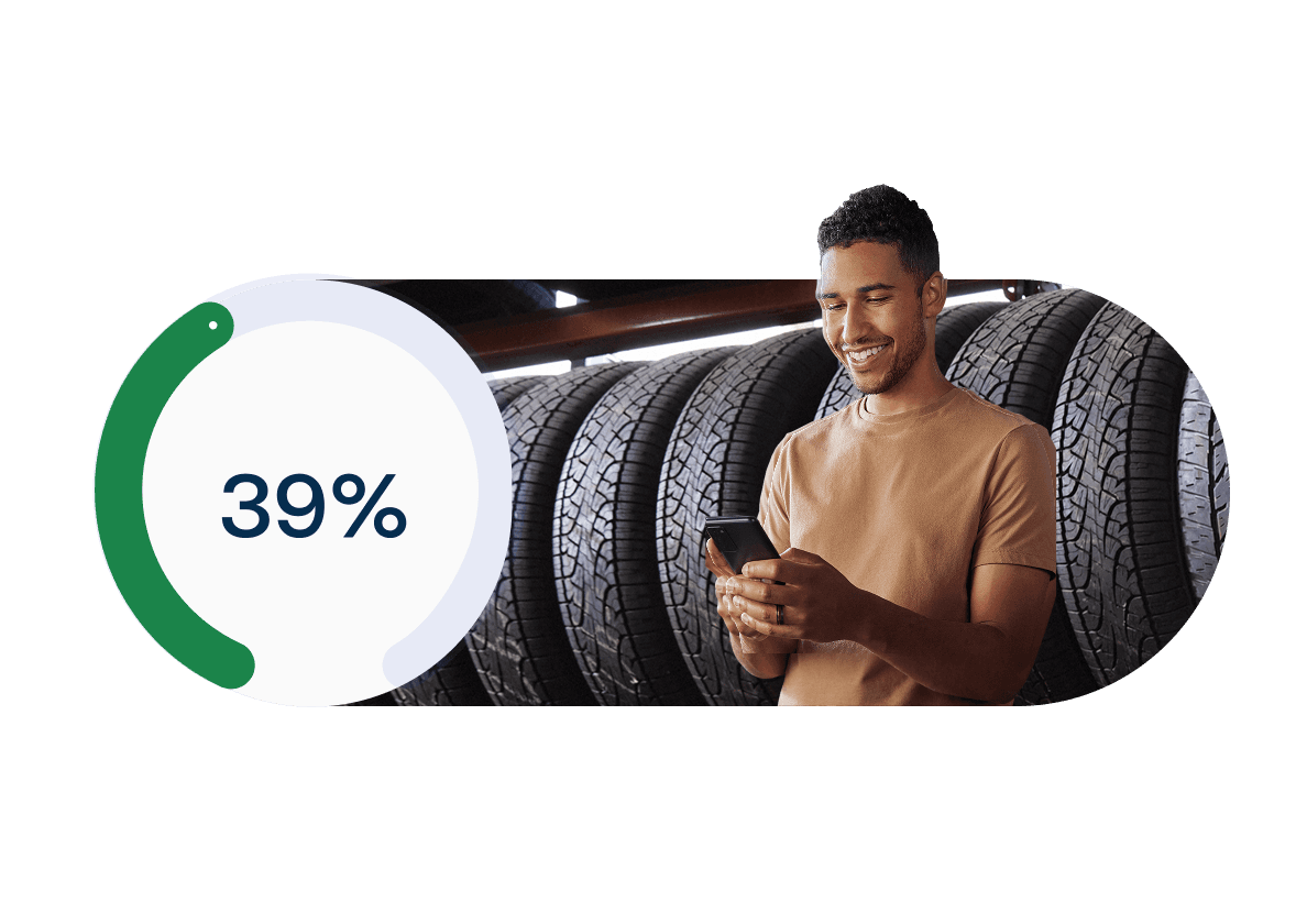 A person smiles while looking at a smartphone, standing in front of stacked tires. A circular graphic shows 39%.