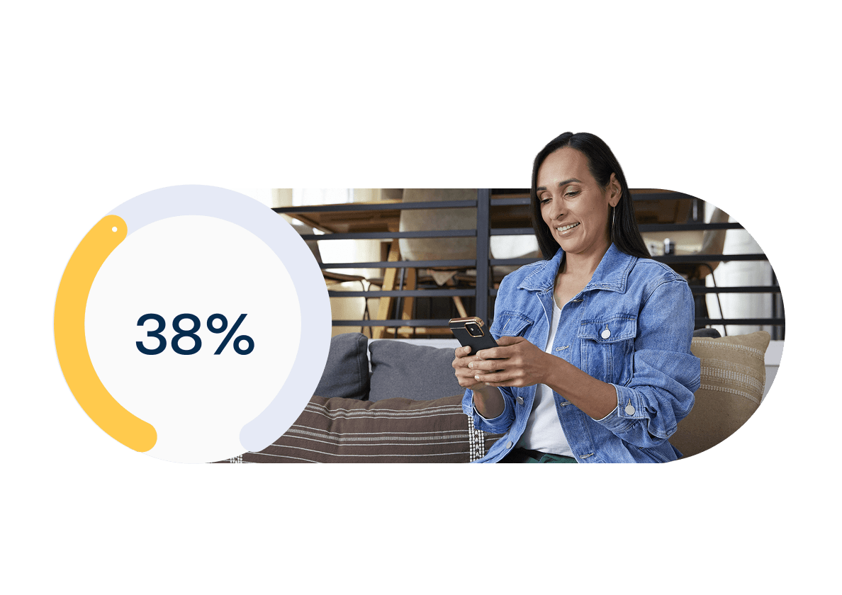 Woman in a denim jacket smiling and using a smartphone with a 38% progress circle overlay on the left.