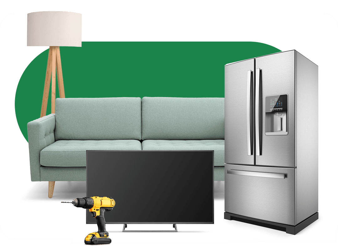 A modern living room setup with a lamp, green sofa, flat-screen TV, drill, and stainless steel refrigerator on a white and green backdrop.
