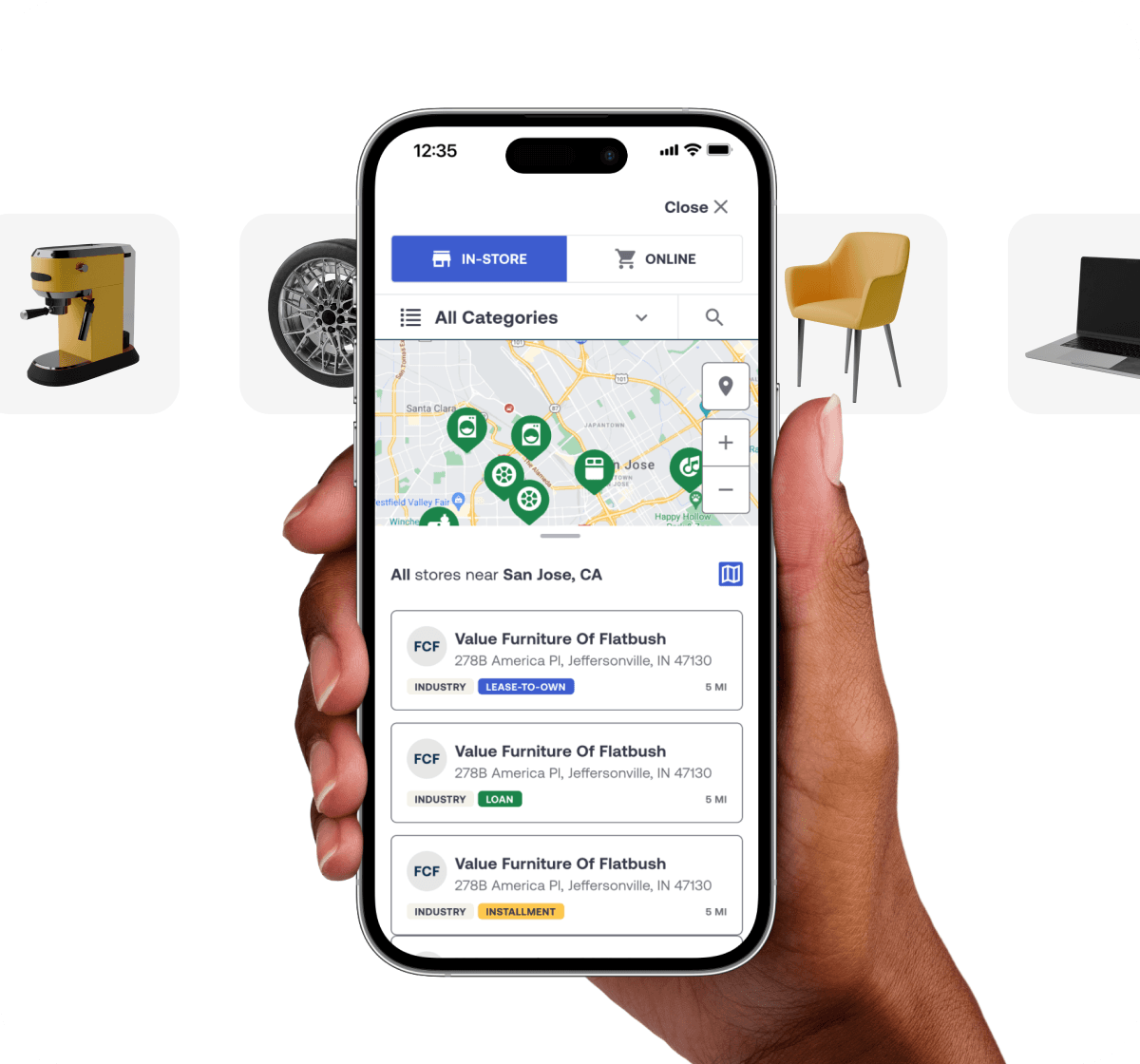Hand holding a smartphone displaying a store locator map with pins, furniture, coffee machine, wheel, and laptop icons in the background.