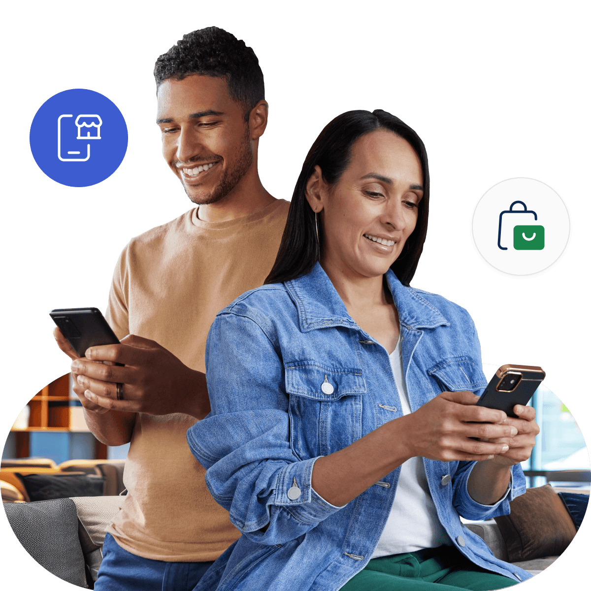 Two people smiling at smartphones, with icons of a store and shopping bag nearby, suggesting online shopping or mobile commerce.