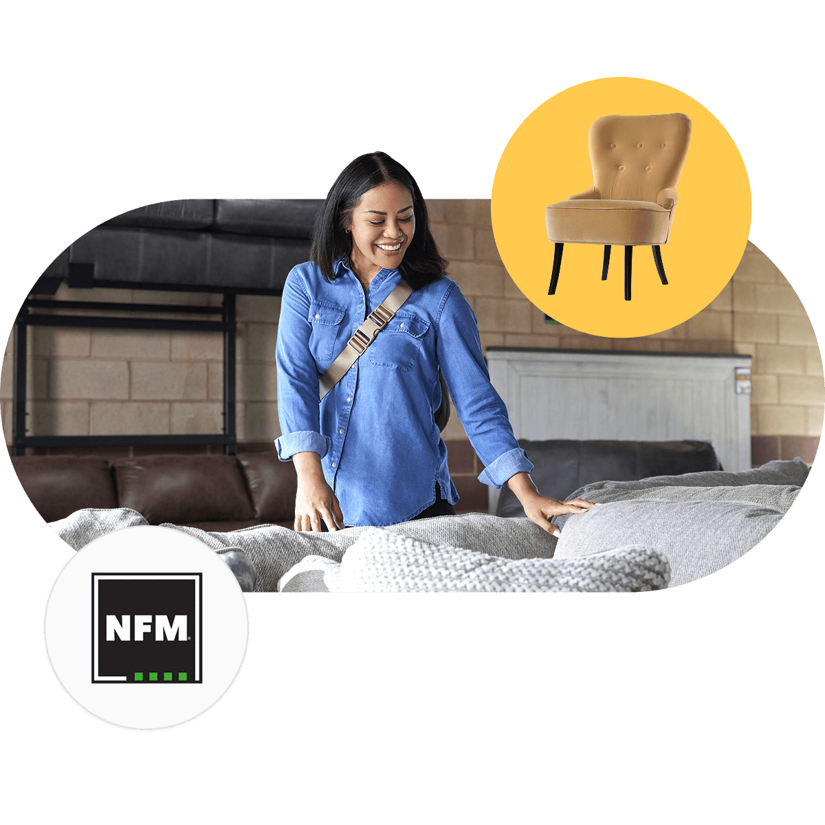 Woman in a denim shirt shopping for furniture, smiling as she touches a couch. A yellow circle shows a tufted chair. NFM logo in the corner.