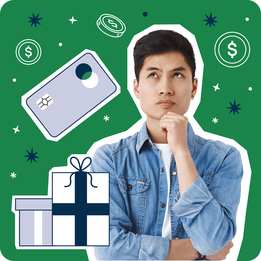 Young man pondering gift boxes, credit card, and dollar symbols on a green background.