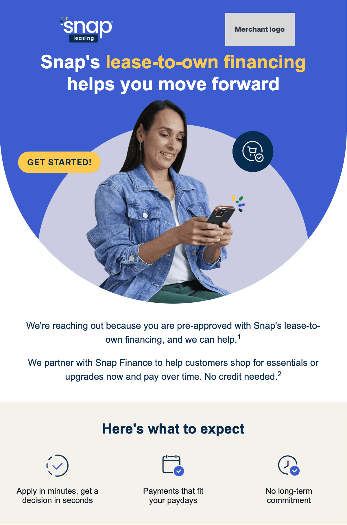 Woman using phone with text about Snap's lease-to-own financing. Features include quick decisions, flexible payments, and no long-term commitment.