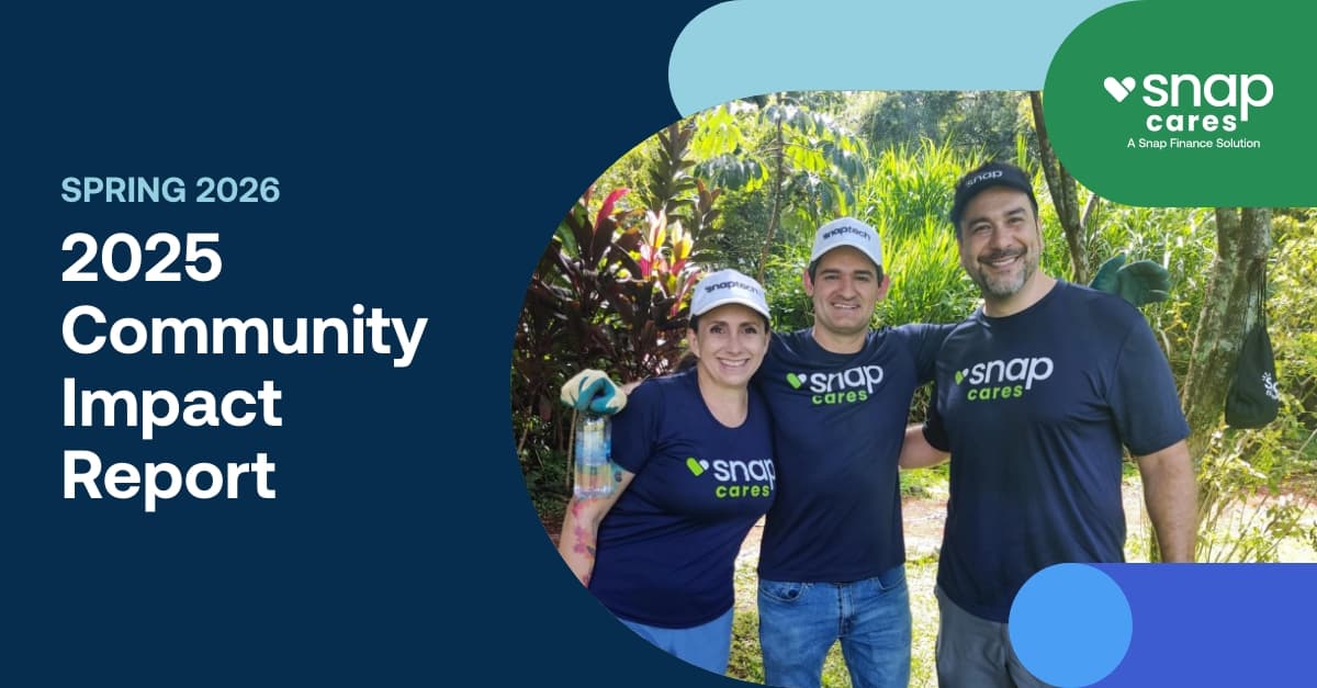 Three people in "Snap Cares" shirts pose outdoors, smiling, with "2025 Community Impact Report" text on the side.