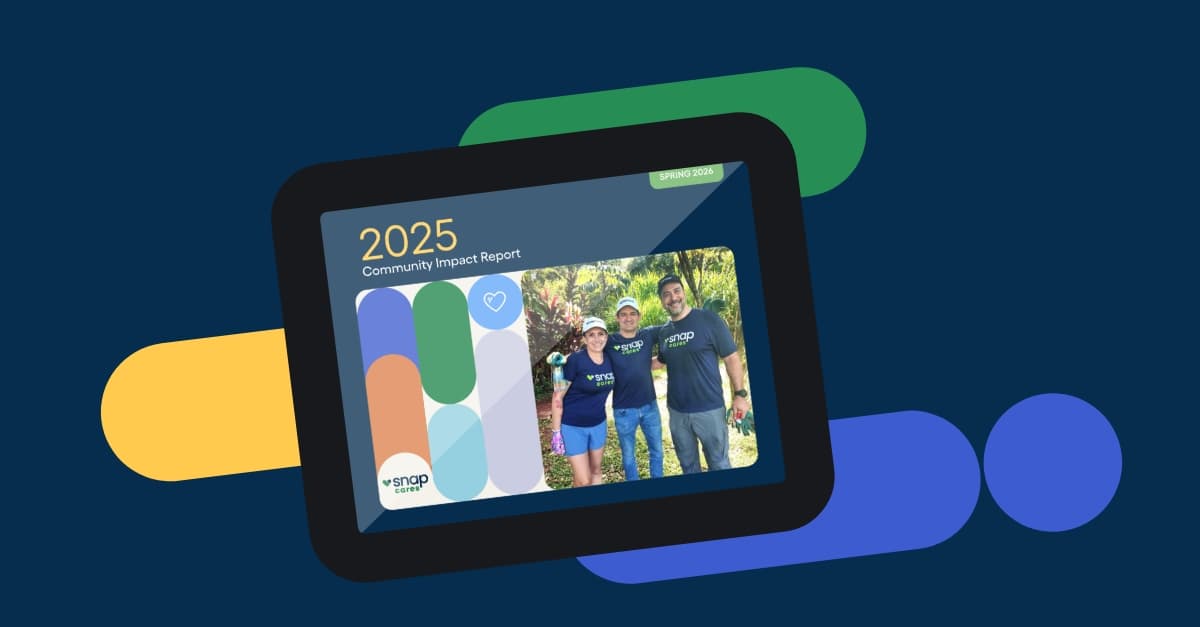 Cover of "2025 Community Impact Report" featuring a team photo, colorful design elements, and text noting "Spring 2026, Snap Cares."