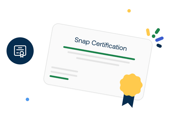 Illustration of a "Snap Certification" certificate with a yellow seal and colorful accents on a white background.