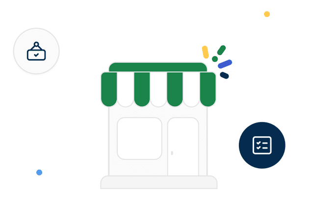Illustration of a storefront with a green awning, surrounded by icons of a checklist and a verified sign, with colorful accents.