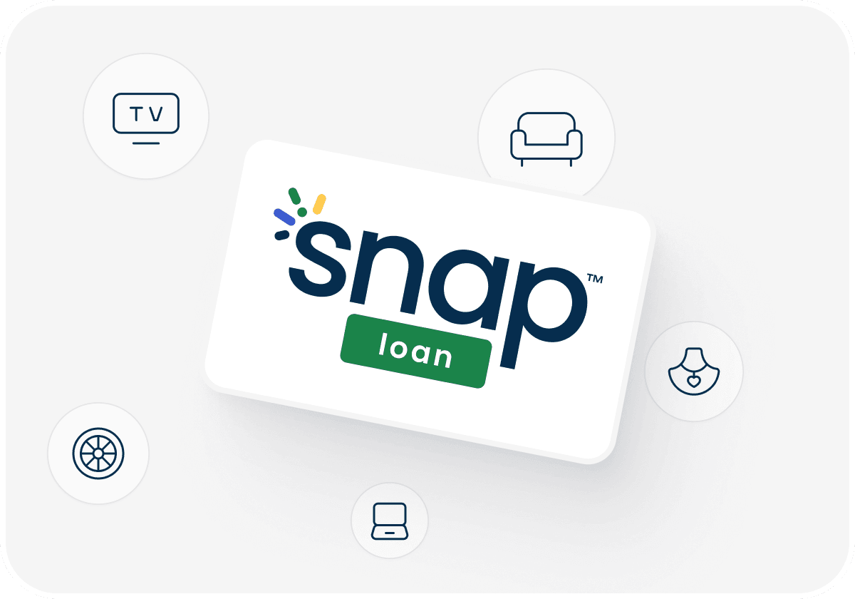 "Snap loan card surrounded by icons: TV, sofa, necklace, laptop, and car wheel, illustrating various financing options."