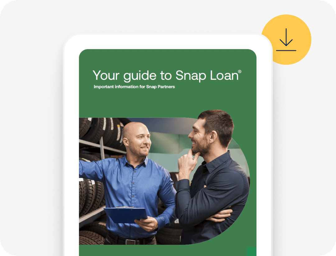 Cover of "Your Guide to Snap Loan" with two men discussing near tires, one holding a clipboard, download icon present.