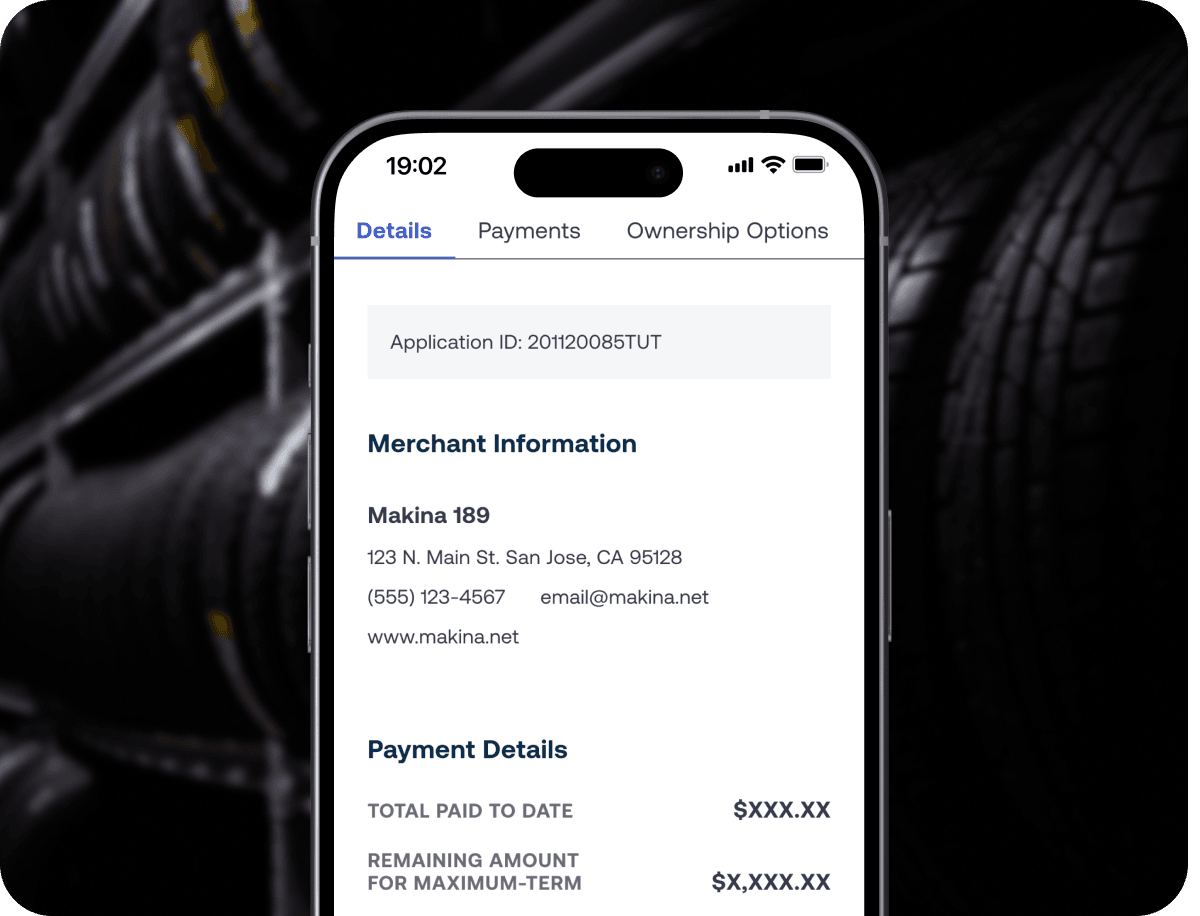 Smartphone displaying a payment details screen for "Makina 189" with blurred car tires in the background.