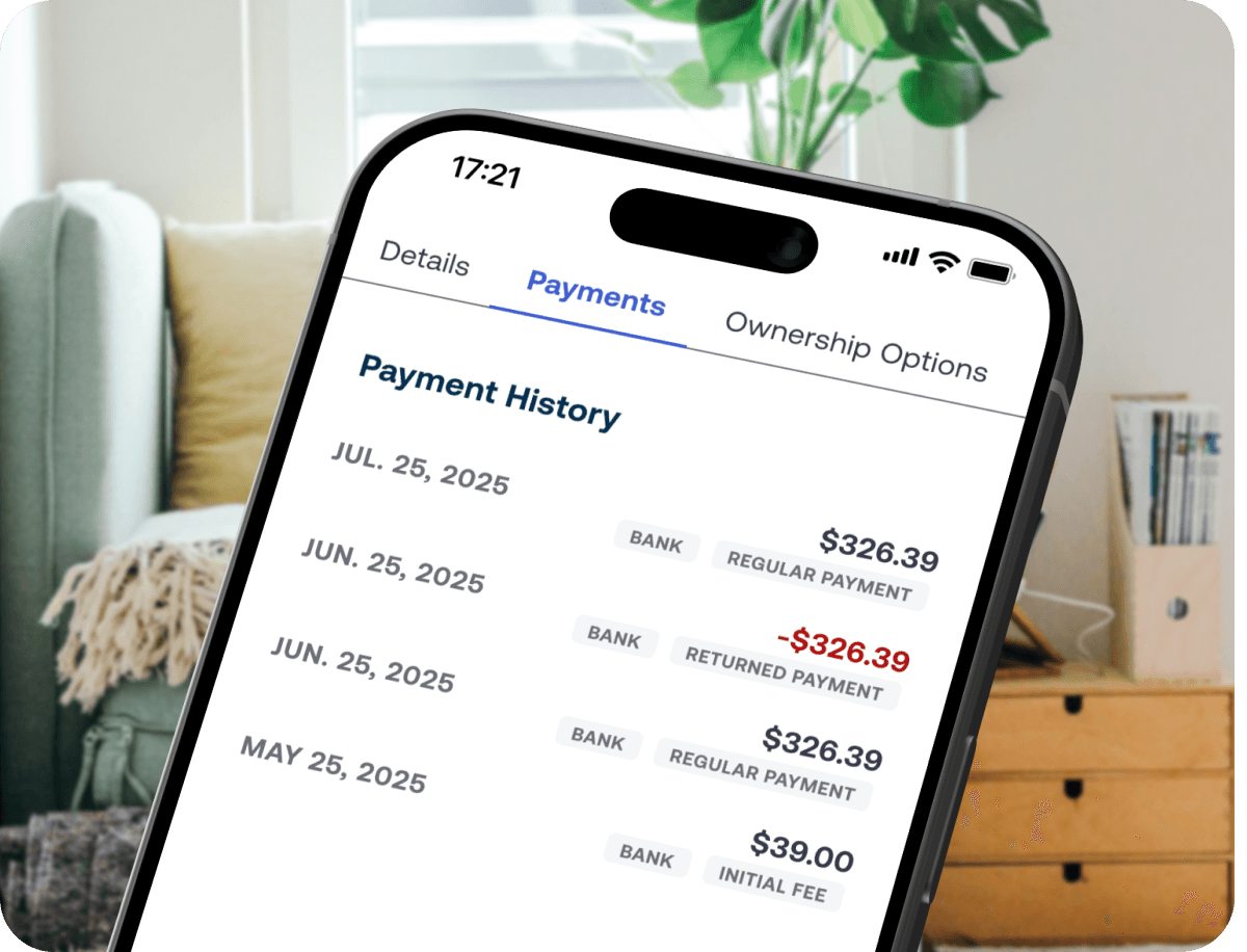 A smartphone screen displays a payment history with amounts, dates, and types of payments, against a cozy living room background.