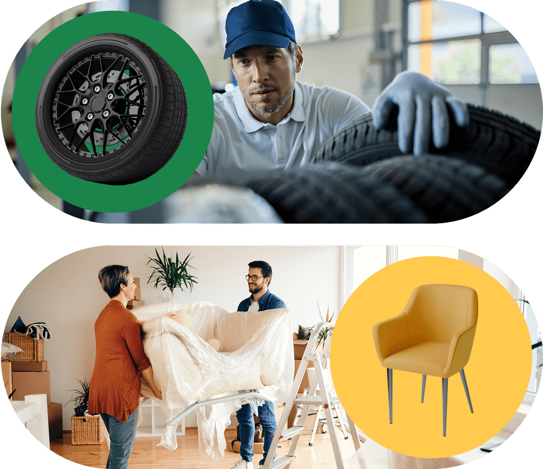 A man examines tires; two people move a wrapped chair in a home; a black car wheel and a yellow chair are superimposed next to each scene.