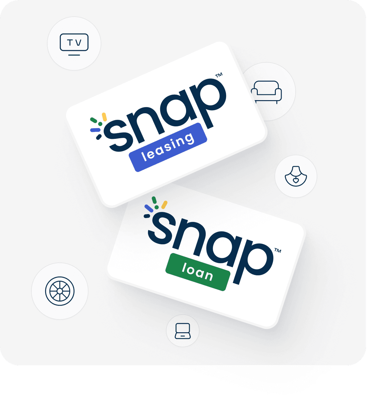 Two cards with "Snap Leasing" and "Snap Loan" logos, surrounded by icons including a TV, sofa, and wheel, on a light background.
