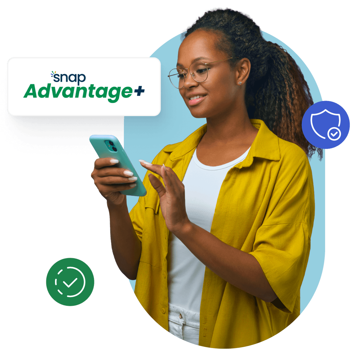 Smiling woman in a yellow shirt uses a smartphone with "Snap Advantage+" logo and security icons in the background.