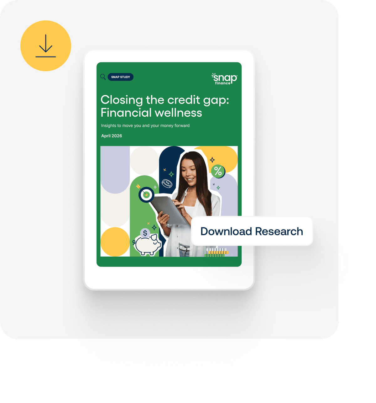 Tablet displaying a report on financial wellness titled "Closing the Credit Gap," with a button labeled "Download Research."