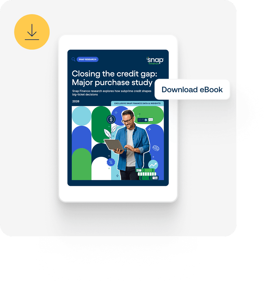 E-book cover titled "Closing the Credit Gap: Major Purchase Study" by Snap Finance, featuring a man with a tablet and financial graphics.