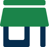 Icon of a green and blue abstract store, featuring a green awning and blue base, resembling a simplified storefront.