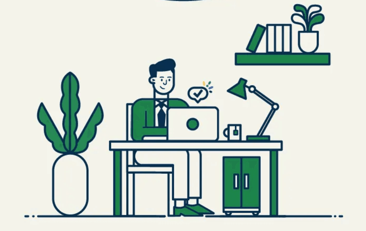 Illustration of a person at a desk working on a laptop, with a lamp, plant, and shelf with books and a plant in the background.