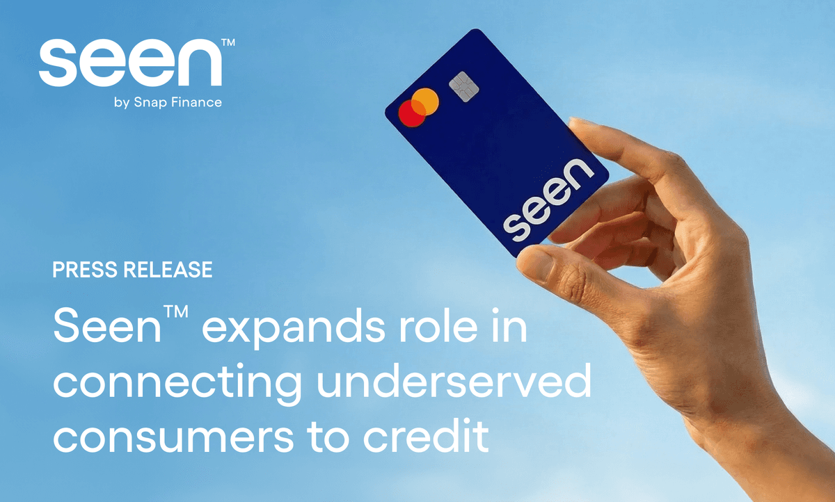 A hand holds a blue card with the logo "seen." Text reads: "Seen expands role in connecting underserved consumers to credit."