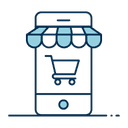Illustration of a smartphone with a store awning and a shopping cart icon on the screen, symbolizing online shopping or an e-commerce app.
