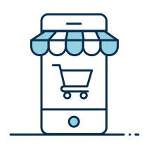 Illustration of a smartphone with a store awning and a shopping cart icon on the screen, symbolizing online shopping or an e-commerce app.