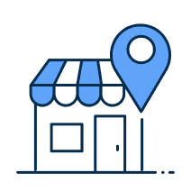 Illustration of a small shop with a striped awning, a window, a door, and a large blue location pin above it, symbolizing a mapped business location.