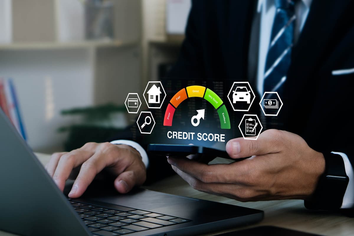 Man in a suit uses a laptop and phone displaying a credit score gauge, surrounded by finance-related icons.