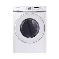 Front view of a white Samsung front-loading washing machine with a digital display and control knob.