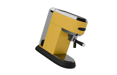 Yellow and silver espresso machine with a sleek modern design, featuring a side steam wand and black drip tray, viewed at an angle.