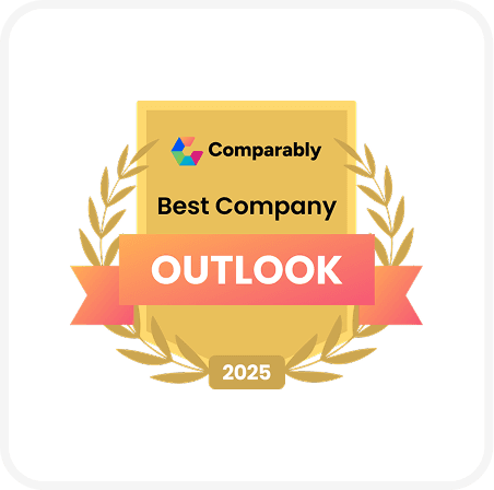 Gold badge with laurel design, labeled "Comparably Best Company Outlook 2025" on a white background.