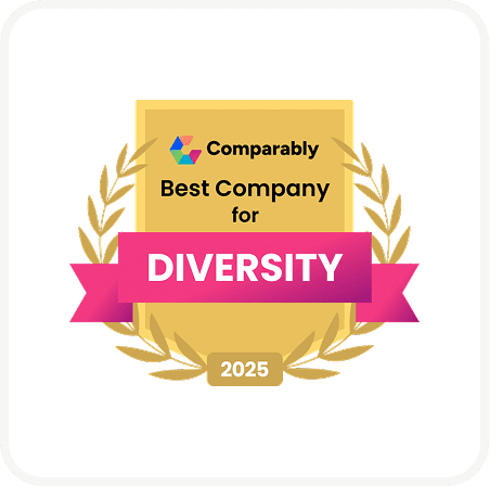 A gold badge with laurel leaves reads "Comparably Best Company for Diversity 2025" with a pink ribbon and multicolored logo.