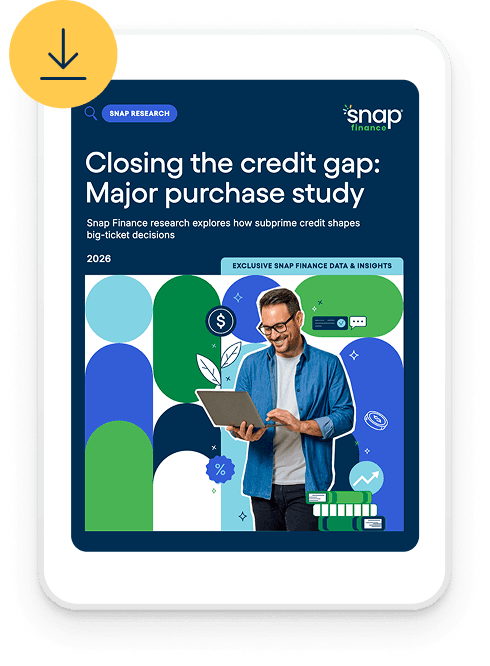 Tablet displaying Snap Finance's study on credit gaps, featuring a smiling man using a tablet.