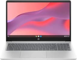 A silver laptop with a grey keyboard and a screen displaying a pink and purple abstract background. It features the Chrome OS interface.