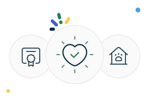 Three icons: certificate, heart with checkmark, and house with face. Abstract lines and dots surround them.