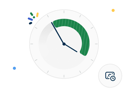 Analog clock graphic at 10:10 with a green shaded arc between 9 and 2, surrounded by colorful confetti dots and a magnifying glass icon.