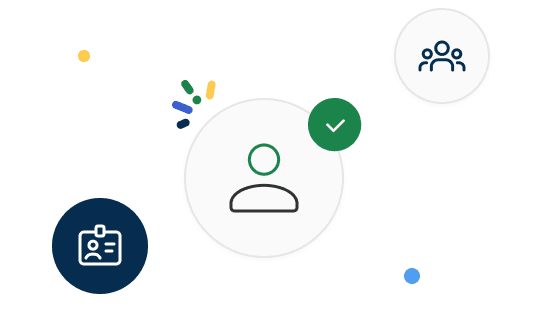 Outline icons of a person, ID badge, and group, with a green check mark and colorful confetti-like elements on a white background.