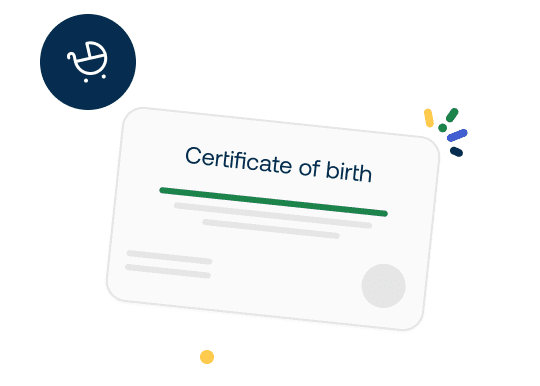 Illustration of a birth certificate with a baby stroller icon, colorful accents, and placeholder text on a white background.