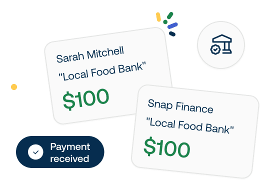 Two payments of $100 each to "Local Food Bank" by Sarah Mitchell and Snap Finance. "Payment received" notification shown.
