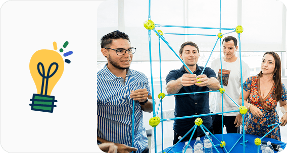 A group of people collaboratively building a geometric structure with rods and connectors, beside a lightbulb illustration.
