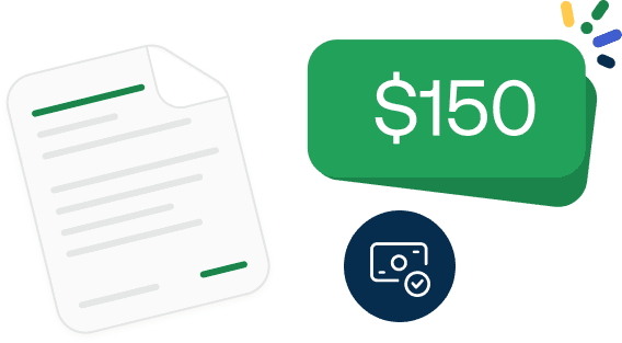 Illustration of a document and a $150 label with a verification icon below, symbolizing financial approval or transaction.