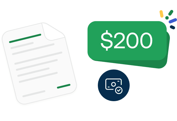Illustration of a document and a green price tag displaying "$200," with a blue icon of a credit card and checkmark.