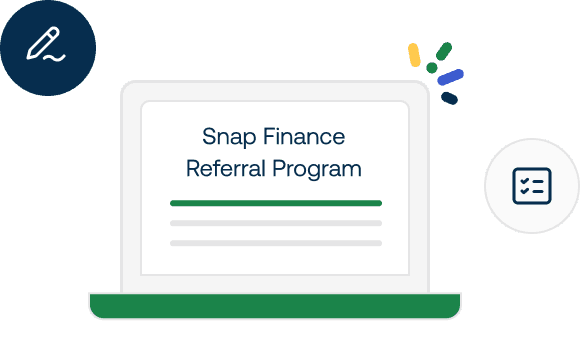 Illustration of a laptop displaying "Snap Finance Referral Program," with icons of a pencil and a checklist.