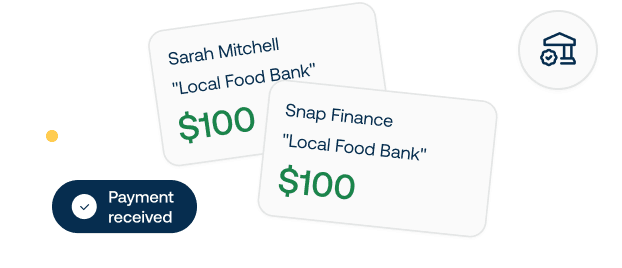 Two donations of $100 to "Local Food Bank" from Sarah Mitchell and Snap Finance. A "Payment received" notification with a checkmark icon is shown.