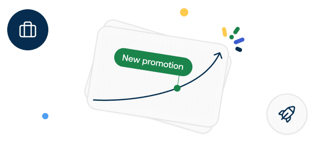 A graph with an upward arrow and "New promotion" label, surrounded by a suitcase and rocket icon on a white background with colored dots.